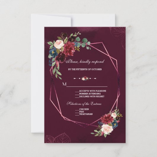 Royal Burgundy Blush Geometric Wedding RSVP Karte (Vorderseite)