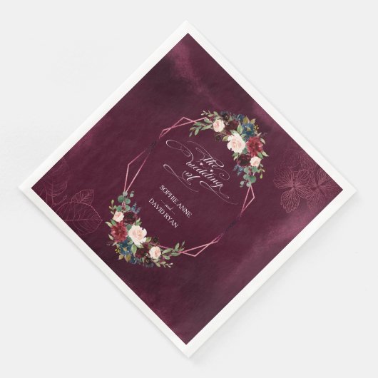 Royal Burgundy Floral Blätter Geometric Wedding Serviette (Ecke)