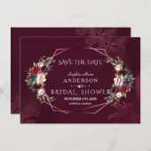 Royal Burgundy Floral Geometric Brautparty Save The Date (Vorne/Hinten)