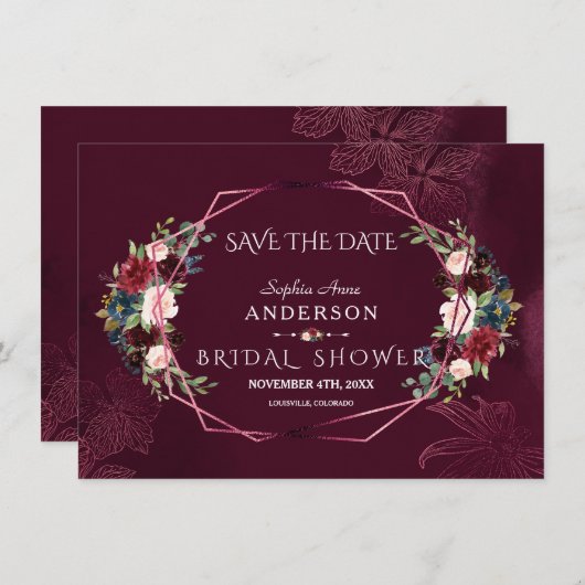 Royal Burgundy Floral Geometric Brautparty Save The Date (Vorne/Hinten)