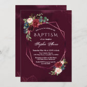 Royal Burgundy Floral Geometric Girl Taufe Einladung (Vorne/Hinten)