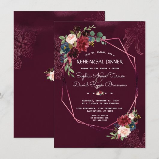 Royal Burgundy Floral Geometric Probe Dinner Einladung (Vorne/Hinten)