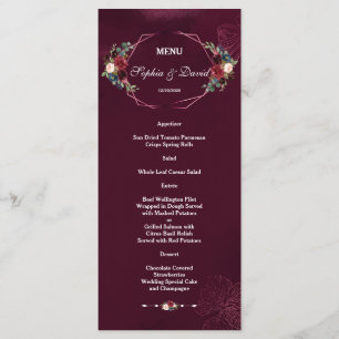 Royal Burgundy Floral Geometric Wedding Menu Menükarte