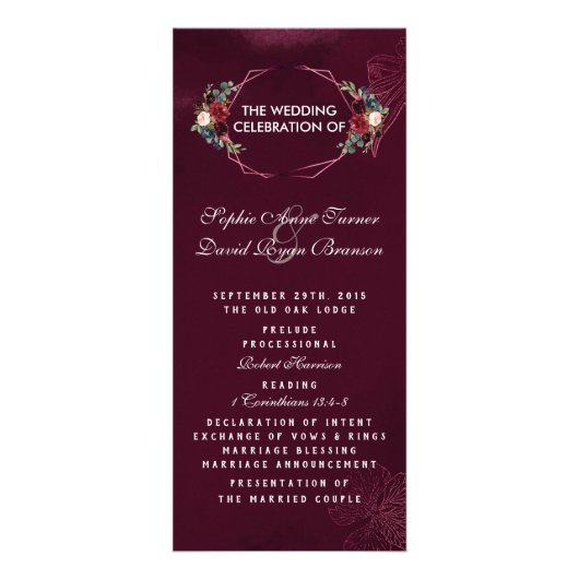 Royal Burgundy Floral Geometric Wedding Program Werbekarte (Vorne)