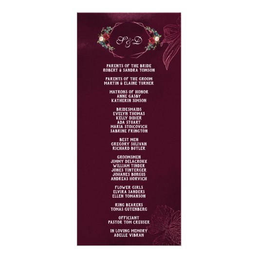 Royal Burgundy Floral Geometric Wedding Program Werbekarte (Hinten)