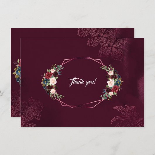 Royal Burgundy Floral Geometric Wedding Vielen Dan Dankeskarte (Vorne/Hinten)