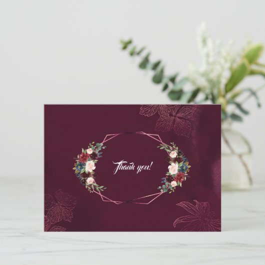 Royal Burgundy Floral Geometric Wedding Vielen Dan Dankeskarte (Stehend Vorderseite)