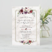 Royal Burgundy Floral Gold Marmor Monogram Wedding Einladung (Stehend Vorderseite)