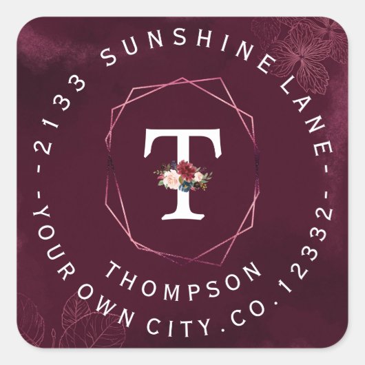 Royal Burgundy Floral Monogram Circular Label Quadratischer Aufkleber (Vorderseite)