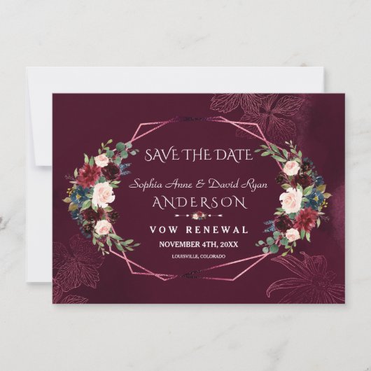 Royal Burgundy Floral Reneage The Vows Save the Da Date (Vorderseite)