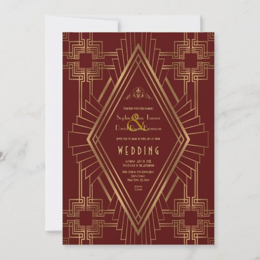 Royal Burgundy Gold Great Gatsby Wedding Einladung (Vorderseite)