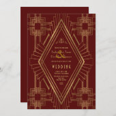 Royal Burgundy Gold Great Gatsby Wedding Einladung (Vorne/Hinten)