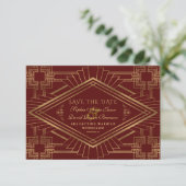 Royal Burgundy Gold Great Gatsby Wedding Save The Date (Stehend Vorderseite)