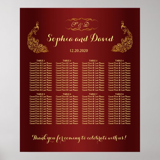 Royal Burgundy Gold Peacock Wedding Chart Poster (Vorne)