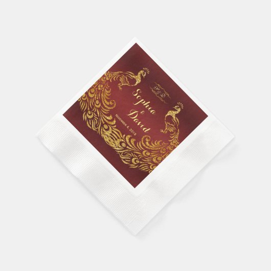 Royal Burgundy Gold Peacock Wedding Custom Serviette (Ecke)