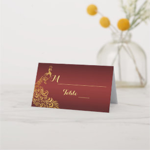 Royal Burgundy Gold Peacock Wedding Platzkarte
