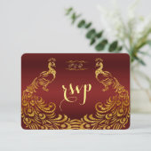 Royal Burgundy Gold Peacock Wedding RSVP (Stehend Vorderseite)
