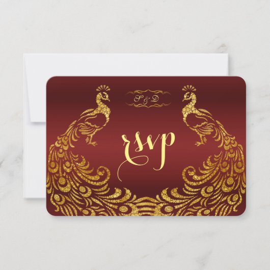 Royal Burgundy Gold Peacock Wedding RSVP Karte (Vorderseite)