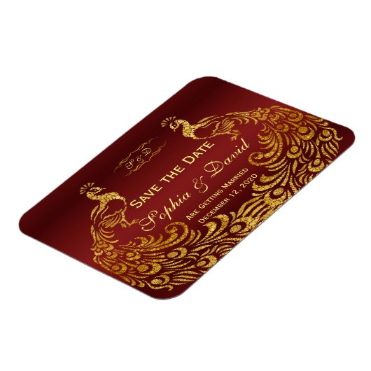 Royal Burgundy Gold Peacock Wedding SPAREN DAS DAT Magnet (Linke Seite)