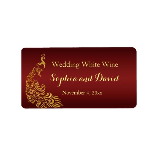 Royal Burgundy Gold Peacock Wedding Wine Favor Adressaufkleber (Vorne)