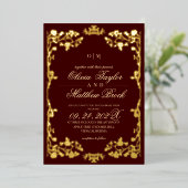 Royal Burgundy Gold Rose Blume Hochzeit Folieneinladung (Stehend vorne)