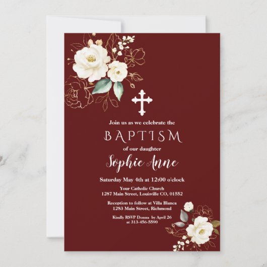 Royal Burgundy Gold White Blume Girl Baptisse Einladung (Vorderseite)