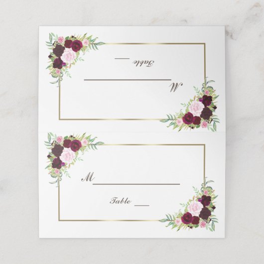 Royal Burgundy Marsala Floral Gold Tischnummer Platzkarte (Außenseite Aufgefaltet)