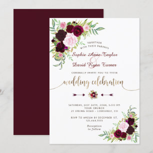 Royal Burgundy Marsala Floral Gold Wedding Einladung
