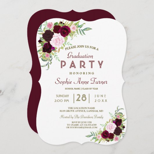 Royal Burgundy Marsala Floral Graduation Party Einladung (Vorne/Hinten)