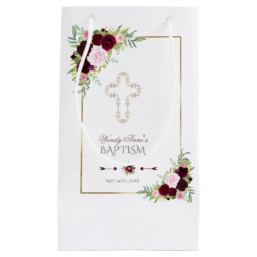 Royal Burgundy Marsala Floral Taufe Kleine Geschenktüte (Vorderseite)