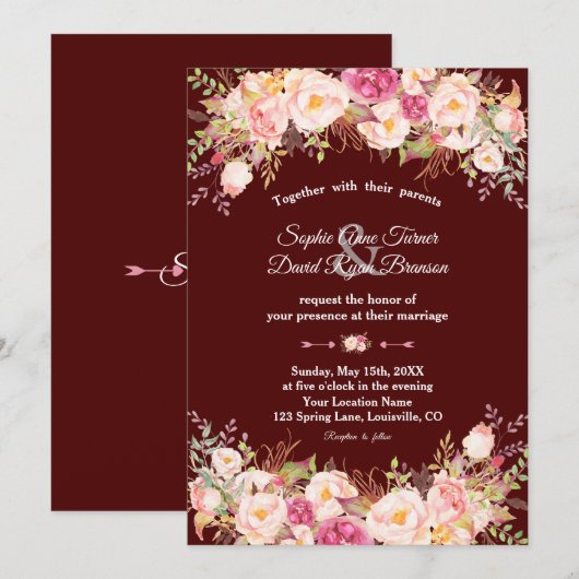 Royal Burgundy Pink Blush Blume Hochzeit Einladung (Vorne/Hinten)
