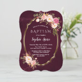 Royal Burgundy Pink Floral Gold Rahmen Taufe Einladung (Stehend Vorderseite)