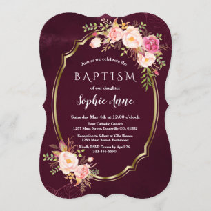 Royal Burgundy Pink Floral Gold Rahmen Taufe Einladung