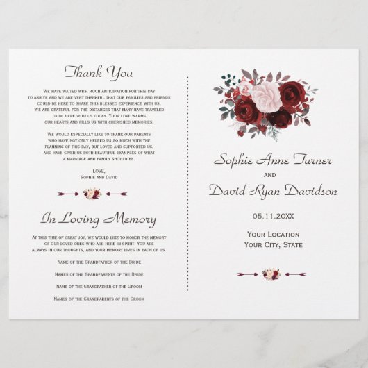 Royal Burgundy Pink Floral Gold Wedding Program (Vorderseite)