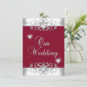 Royal Burgundy Red Wedding Silver Diamond Hearts Einladung (Stehend Vorderseite)