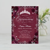 Royal Burgundy Silver Butterfly Rose Quinceanera Folieneinladung (Stehend vorne)
