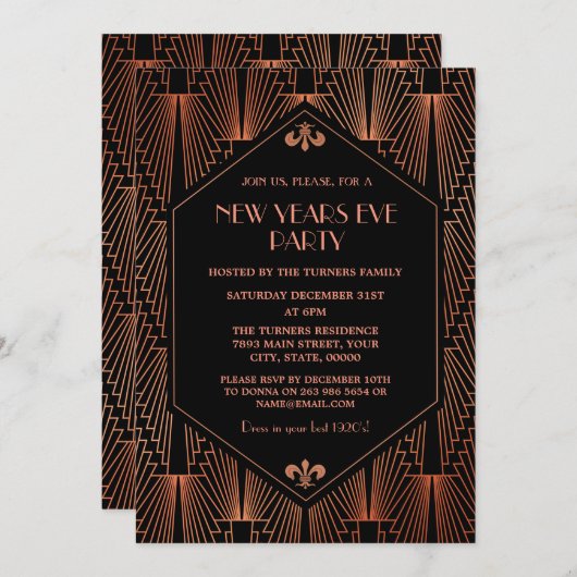 Royal Copp Black Great Gatsby New Year Party 1920 Einladung (Vorne/Hinten)