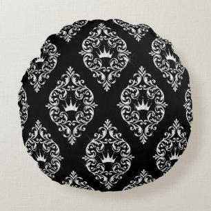 Royal Crown Black and White Damask Round Pillow Rundes Kissen