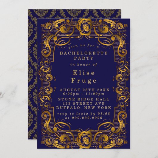 Royal Crown Blue Gold Blüh Junggeselinnen-Abschied Einladung (Vorne/Hinten)