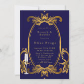Royal Crown Blue Gold Schnörkel Brunch & Bubbly Einladung (Vorderseite)