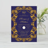 Royal Crown Blue Gold Schnörkel Wedding Einladung (Stehend Vorderseite)