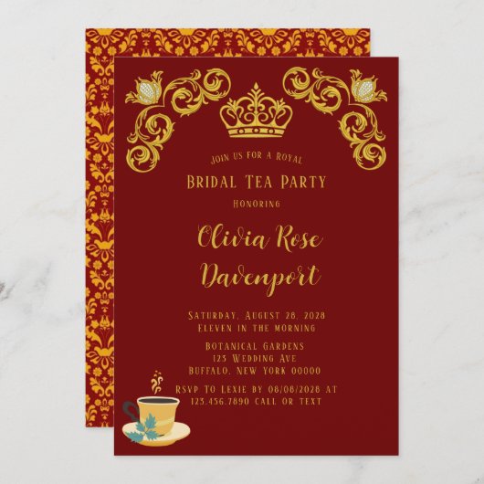 Royal Crown Damask Bridal Teezeremonie Party Einladung (Vorne/Hinten)