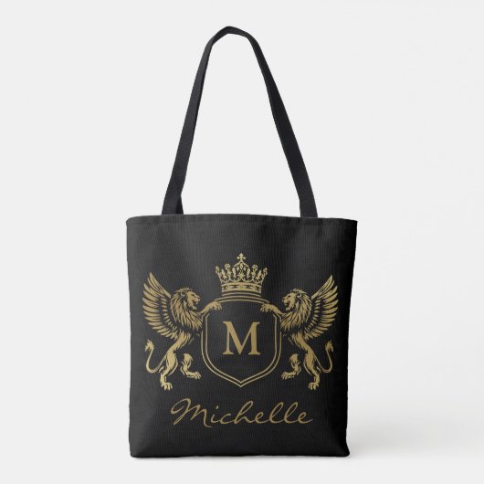 Royal Crown Emblem Lions Monogram Script Gold Tasche (Rückseite)