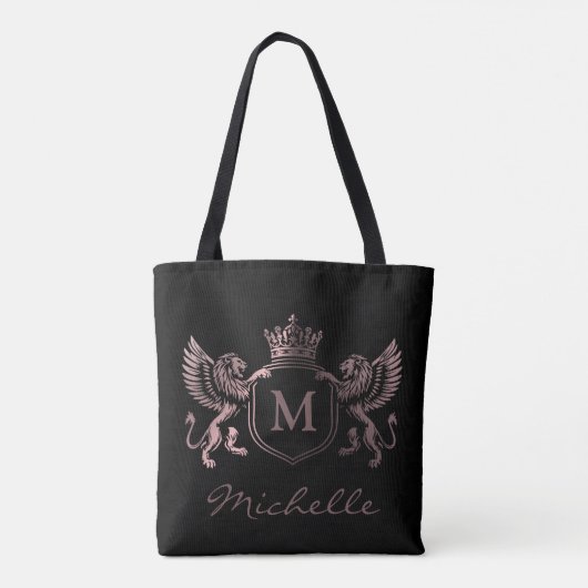 Royal Crown Emblem Lions Monogram Script Rose Gold Tasche (Rückseite)