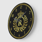 Royal Crown Laurel Wreath Black Gold Mit Monogramm Große Wanduhr (Winkel)