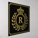 Royal Crown Laurel Wreath Monogrammed Black Gold Foliendrucke<br><div class="desc">This royalty-inspired foil print design includes a geometric frame in classy Art Deco style with an elegant laurel wreath and crown motif. Your personalized monogram letter fills the center. Use the easy template to add your text. The background is black, and the rest of the design is printed in real...</div>
