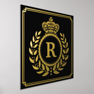 Royal Crown Laurel Wreath Monogrammed Black Gold Foliendrucke
