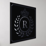 Royal Crown Laurel Wreath Monogrammed Black Silver Foliendrucke<br><div class="desc">This royalty-inspired foil print design includes a geometric frame in classy Art Deco style with an elegant laurel wreath and crown motif. Your personalized monogram letter fills the center. Use the easy template to add your text. The background is black, and the rest of the design is printed in real...</div>