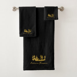Royal Crown Luxury Black & Gold Monogram Badhandtuch Set