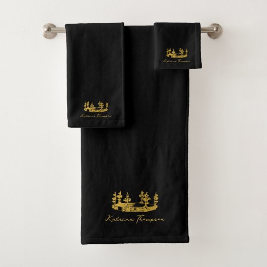 Royal Crown Luxury Black & Gold Monogram Badhandtuch Set (Insitu)
